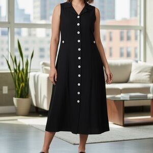 Vintage Ultra Dress Linen Blend Black Mother of Pearl Button Midi Dress SIZE 16